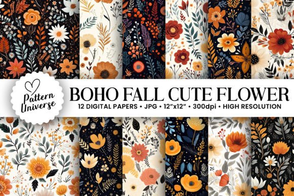 Download Boho Fall Cute Flowers Seamless Patterns - Seamless pattern Collection