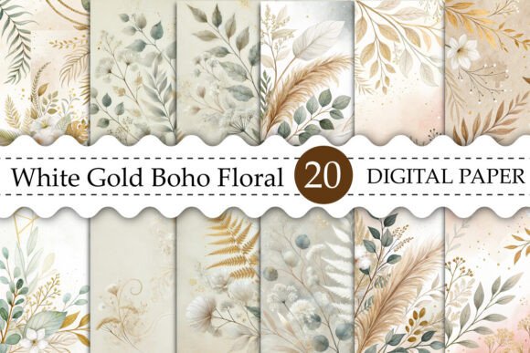 Download White Gold Boho Floral Leaves Background - Leaves Collection
